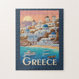 Griechenland Mykonos Illustration Travel Art Vinta Puzzle