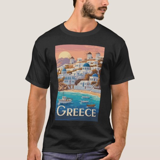 Griechenland Mykonos Illustration Travel Art Vinta T-Shirt (Vorderseite)