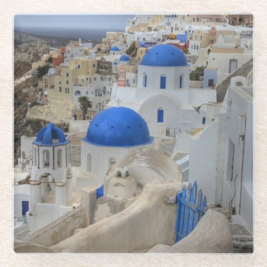 Griechenland, Santorini. Glockenturm und blaue Kup Glasuntersetzer (Vorderseite)