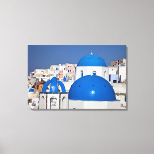 Griechenland, Santorini. Glockenturm und blaue Kup Leinwanddruck