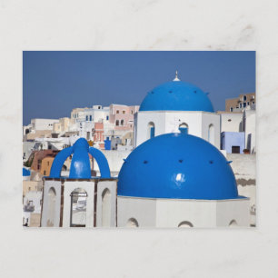 Griechenland, Santorini. Glockenturm und blaue Kup Postkarte