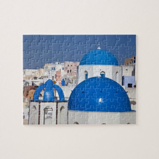Griechenland, Santorini. Glockenturm und blaue Kup Puzzle (Horizontal)