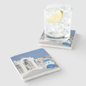 Griechenland, Santorini. Glockenturm und blaue Kup Steinuntersetzer (Seitenansicht)