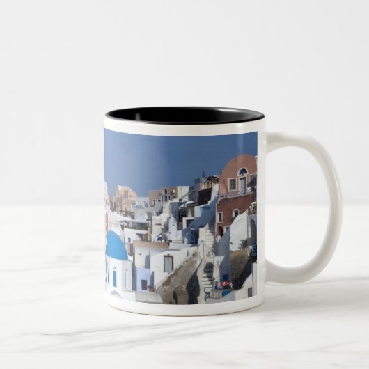 Griechenland, Santorini. Glockenturm und blaue Kup Zweifarbige Tasse (Rechts)