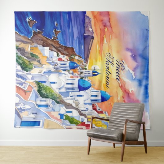 Griechenland Santorini Wasserfarbe Ägäisches Meer Wandteppich (Beispiel (Horizontal))