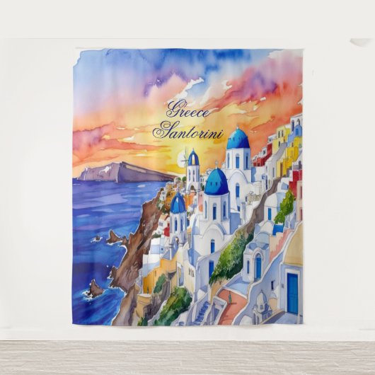 Griechenland Santorini Wasserfarbe Ägäisches Meer Wandteppich (Vorderseite)