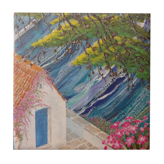 Griechenland Urlaub Blau und Rosa Fliese (Vorderseite)