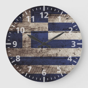 Griechenlandflagge auf alter Holzmaserung Große Wanduhr