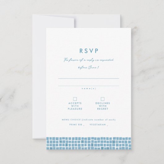 Griechisch-blaues Fliesenrahmen, einfache Hochzeit RSVP Karte (Vorderseite)
