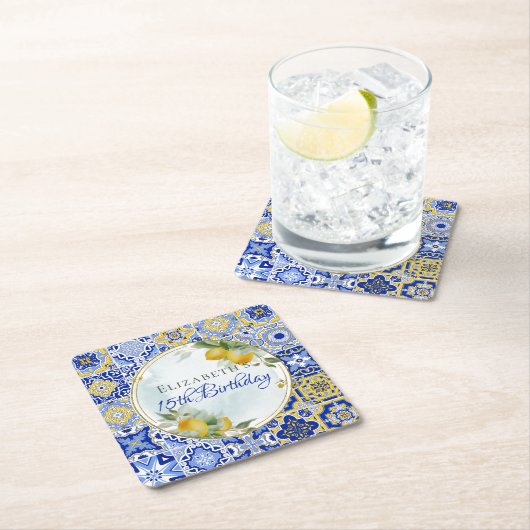 Griechisch Blue Tiles Lemons Gold Glitzer Frame Rechteckiger Pappuntersetzer (Vor Ort)