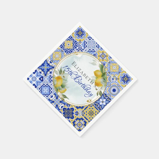 Griechisch Blue Tiles Lemons Gold Glitzer Frame Serviette (Ecke)