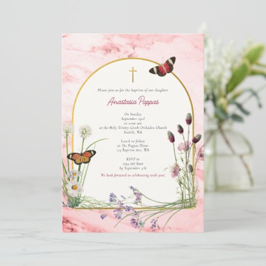 Griechisch Christening Taufe Rosa Marmor Wildblume Einladung (Stehend Vorderseite)