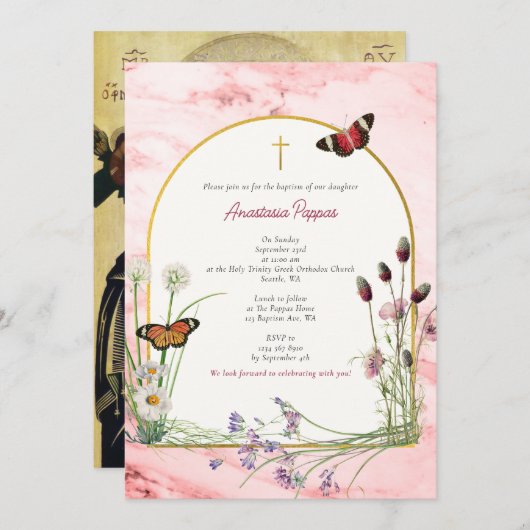 Griechisch Christening Taufe Rosa Marmor Wildblume Einladung (Vorne/Hinten)