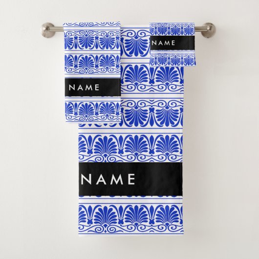 Griechisch Fret Arabesque Blue, Ihr Name, personal Badhandtuch Set (Insitu)