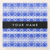 Griechisch Fret Arabesque Blue, Ihr Name, personal Glasuntersetzer (Vorderseite)