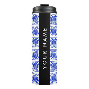 Griechisch Fret Arabesque Blue, Ihr Name, personal Thermosbecher