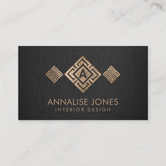 Griechisch Key Meander Monogram Gold auf schwarz Visitenkarte (Vorderseite)
