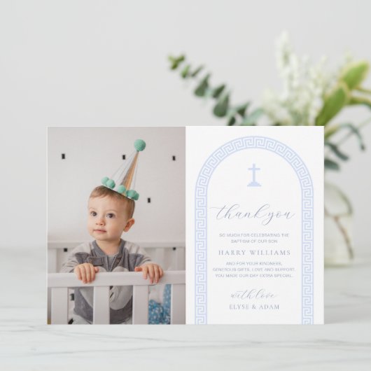 Griechisch Key White Blue Foto Taufe Danke Karte (Stehend Vorderseite)