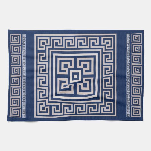 Griechisch Meander - griechischer Schlüssel - Blau Geschirrtuch (Horizontal)