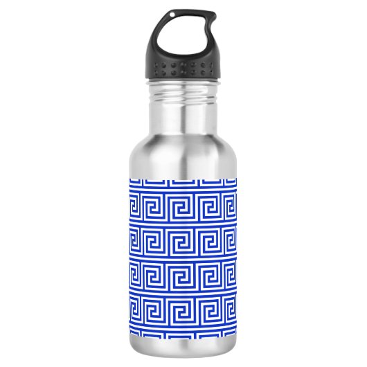 Griechisch Meander Key Squares Muster Blau Edelstahlflasche (Vorderseite)