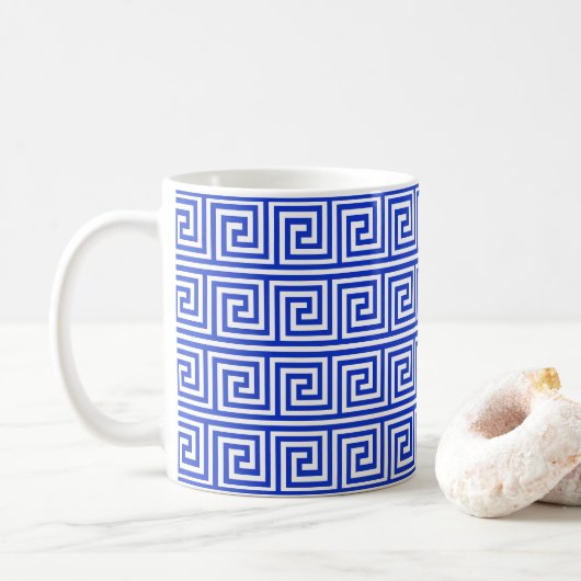 Griechisch Meander Key Squares Muster Blau Kaffeetasse (Mit Donut)