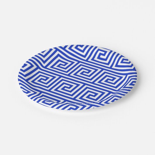 Griechisch Meander Key Squares Muster Blau Pappteller (Schrägansicht)
