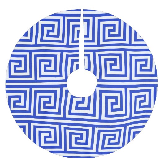 Griechisch Meander Key Squares Muster Blau Polyester Weihnachtsbaumdecke (Vorderseite)