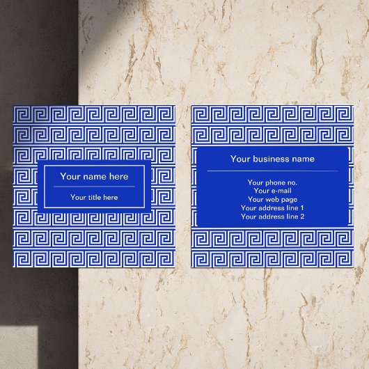 Griechisch Meander Key Squares Muster Blau Quadratische Visitenkarte