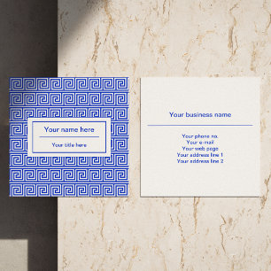 Griechisch Meander Key Squares Muster Blau Quadratische Visitenkarte