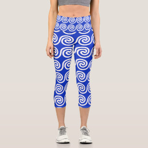 Griechisch Meander Key Waves Muster blau Capri Leggings