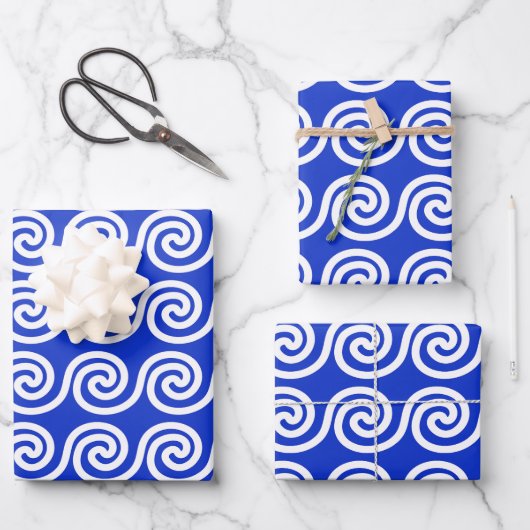 Griechisch Meander Key Waves Muster blau Geschenkpapier Set (Vorderseite)