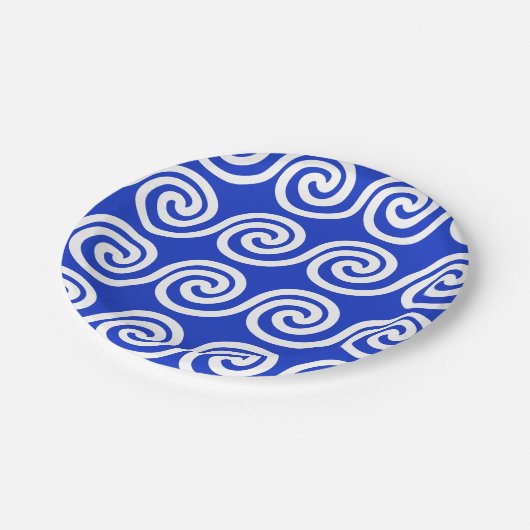 Griechisch Meander Key Waves Muster blau Pappteller (Schrägansicht)
