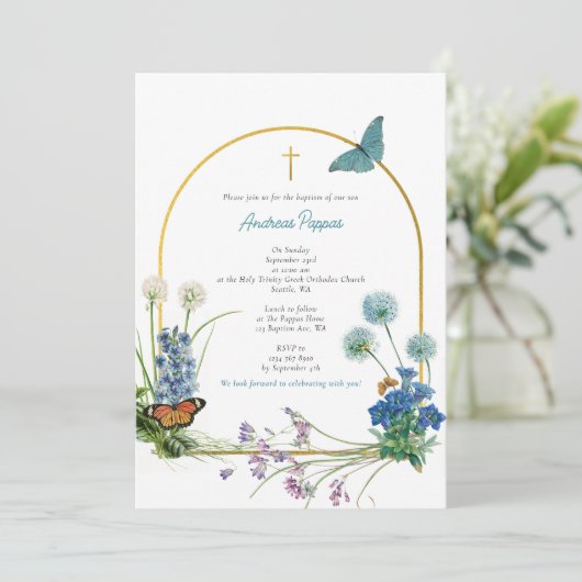 Griechisch-orthodoxe Christening Taufe Junge Wildb Einladung (Stehend Vorderseite)