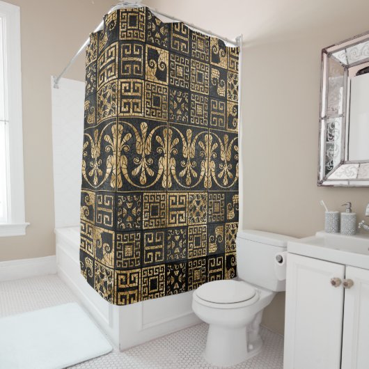 Griechisch zerbrochene Tile-Mosaik-Schwarz und Gol Duschvorhang (Beispiel)