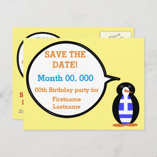 Griechische Flagge als Rednerin von Frau Penguin Ankündigungspostkarte (Vorne/Hinten)