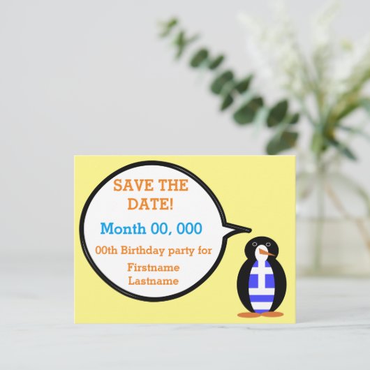 Griechische Flagge als Rednerin von Frau Penguin Ankündigungspostkarte (Stehend Vorderseite)