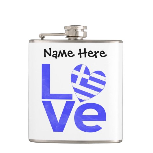 Griechische Flagge Herzblaue LIEBE mit Ihrem Namen Flachmann (Vorderseite)