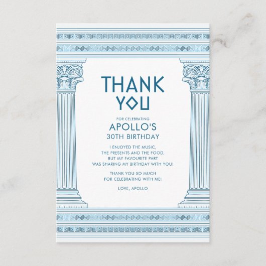 Griechische Geburtstagsparty mit blauem Tempel Dankeskarte (Vorderseite)