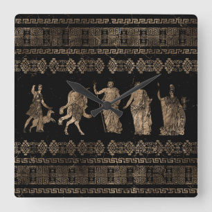 Griechische Gottheiten und Mäander-Schlüsselverz Quadratische Wanduhr