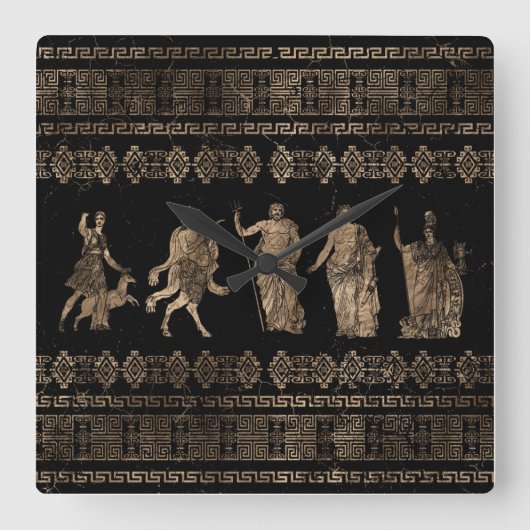 Griechische Gottheiten und Mäander-Schlüsselverzie Quadratische Wanduhr (Vorderseite)