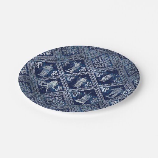 Griechische Gottheiten und Meander-Schlüsseldekora Pappteller (Schrägansicht)