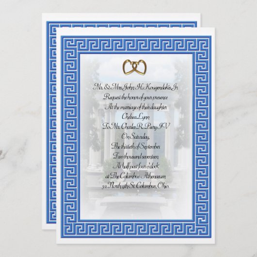 Griechische Hochzeit Einladung Blue Key elegant (Vorne/Hinten)