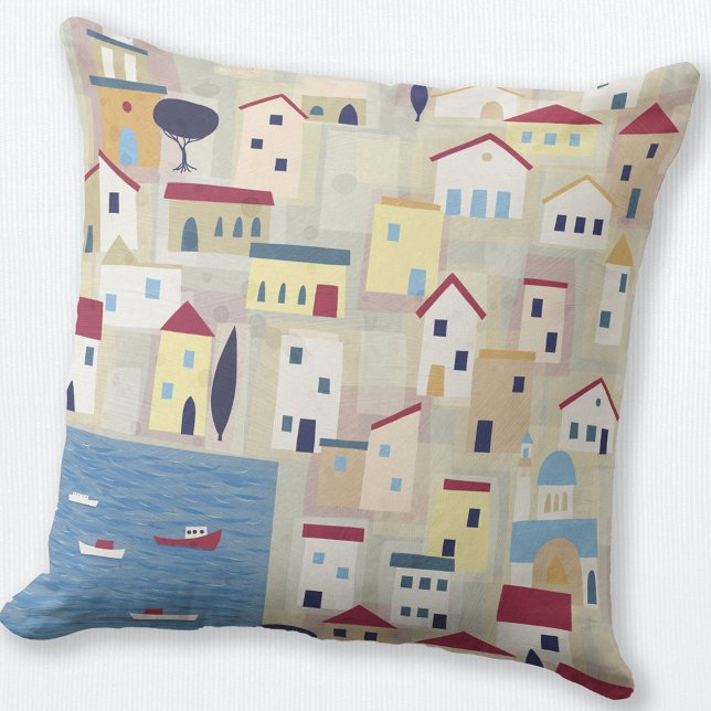 Griechische Insel Fischerdorf Art Kissen (Greek island fishing village abstract art throw pillow)