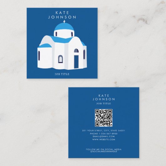 Griechische Insel Santorini Blauer Dome Kirche QR  Quadratische Visitenkarte (Vorne/Hinten)