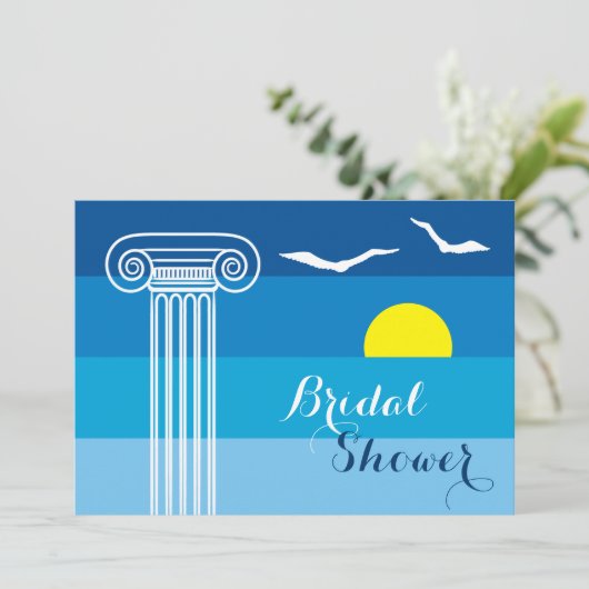 Griechische Kolonne und Möwen Hochzeitsfest Brautp Einladung (Stehend Vorderseite)