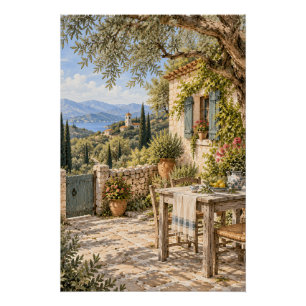 Griechische mediterrane Terrasse am Meer im Wasser Poster