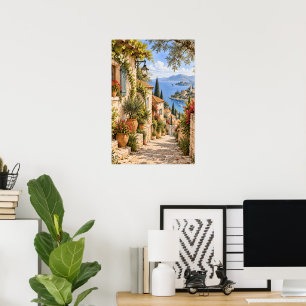 Griechische Mittelmeer-Terrasse am Meer Aquarell Poster