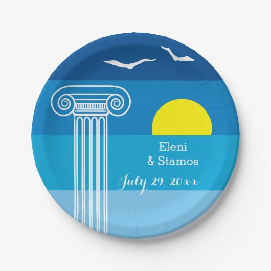 Griechische Säulen und Möwen Hochzeit am griechisc Pappteller (Vorderseite)