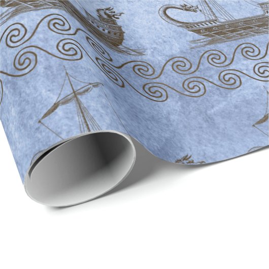 Griechische Segelschiffe und Scroll auf blau Geschenkpapier (Rolleneckpunkt)