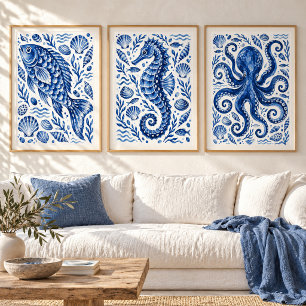 Griechischer blauer Seepferdchen-Küstenkunst-Druck Poster